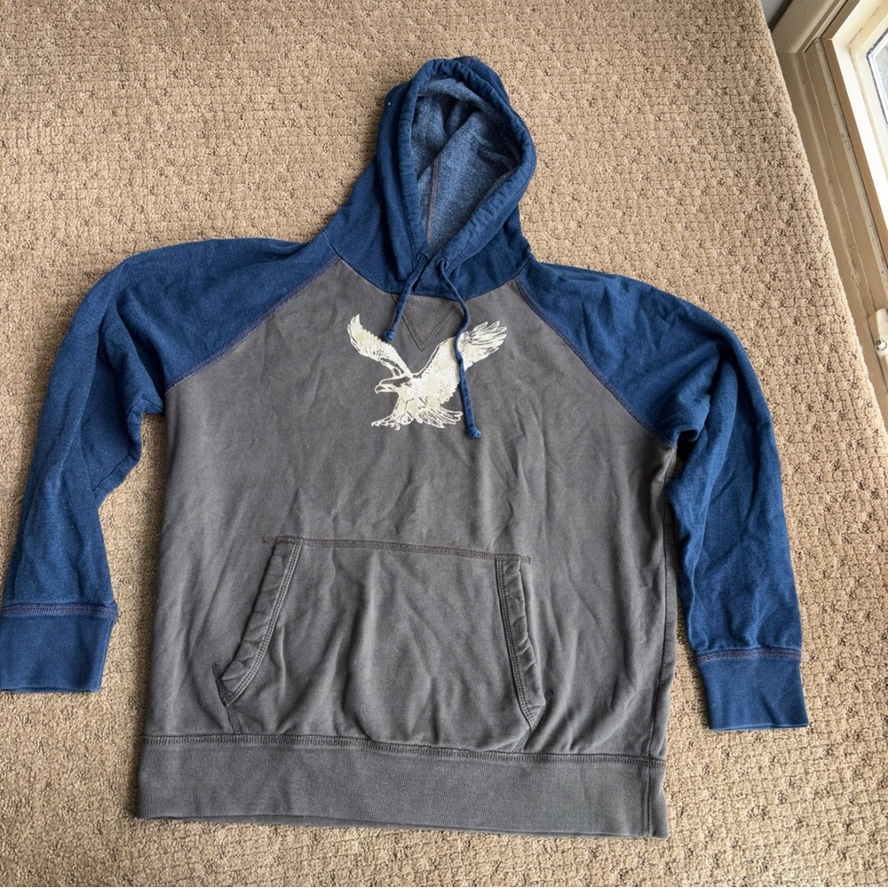 American Eagle Outfitters Navy Blue brown Hooded Pullover large vintage hoodie